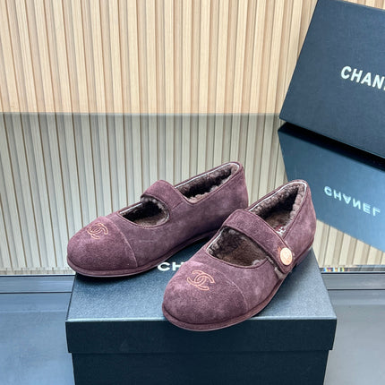 CHANEL 25S FURRY MARY JANE SHOES IN DARK PURPLE SUEDE