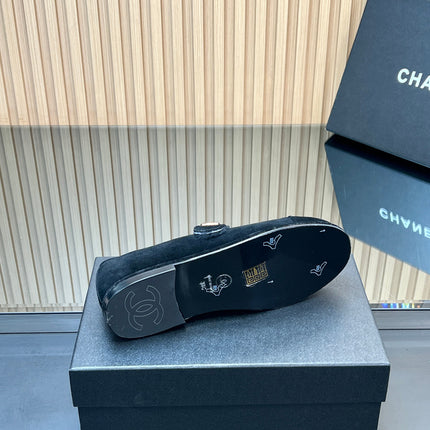 CHANEL 25S FURRY MARY JANE SHOES IN BLACK SUEDE