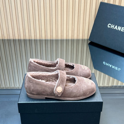 CHANEL 25S FURRY MARY JANE SHOES IN TAUPE GRAY SUEDE