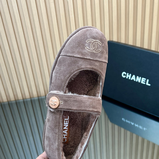 CHANEL 25S FURRY MARY JANE SHOES IN TAUPE GRAY SUEDE