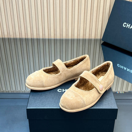 CHANEL 25S FURRY MARY JANE SHOES IN LIGHT BROWN SUEDE