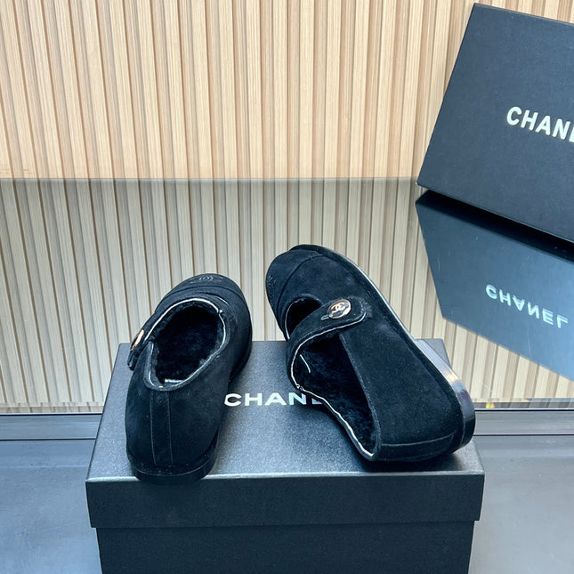 CHANEL 25S FURRY MARY JANE SHOES IN BLACK SUEDE
