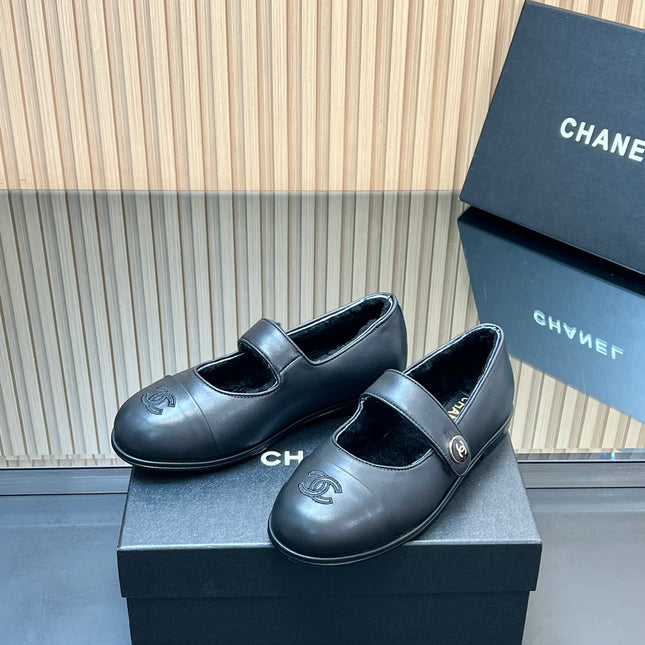 CHANEL 25S FURRY MARY JANE SHOES IN BLACK CALFSKIN