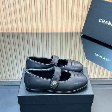 CHANEL 25S FURRY MARY JANE SHOES IN BLACK CALFSKIN