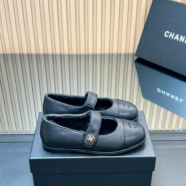 CHANEL 25S FURRY MARY JANE SHOES IN BLACK CALFSKIN