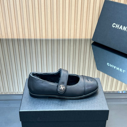 CHANEL 25S FURRY MARY JANE SHOES IN BLACK CALFSKIN