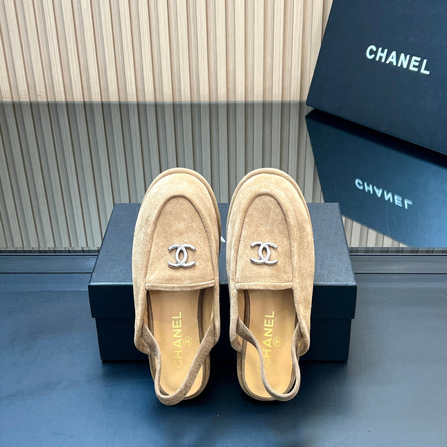 CHANEL 25S BACK STRAP MULE 15MM IN LIGHT BROWN SUEDE SILVER HARDWRE