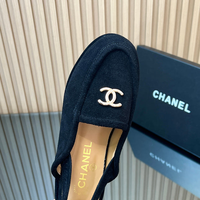 CHANEL 25S BACK STRAP MULE 15MM IN BLACK SUEDE GOLD HARDWRE
