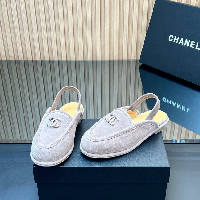 CHANEL 25S BACK STRAP MULE 15MM IN LIGHT GRAY SUEDE SILVER HARDWRE