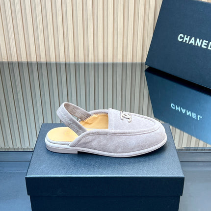 CHANEL 25S BACK STRAP MULE 15MM IN LIGHT GRAY SUEDE SILVER HARDWRE