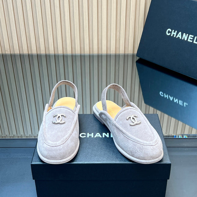 CHANEL 25S BACK STRAP MULE 15MM IN LIGHT GRAY SUEDE SILVER HARDWRE