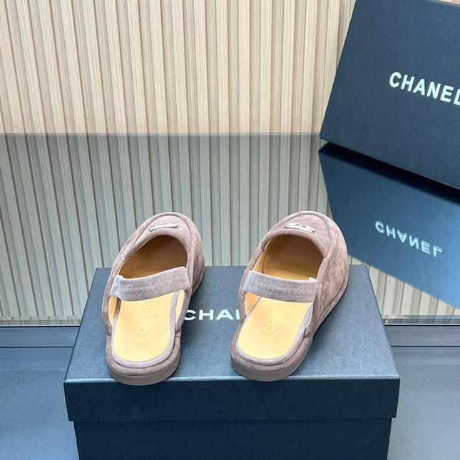 CHANEL 25S BACK STRAP MULE 15MM IN TAUPE GRAY SUEDE SILVER HARDWRE
