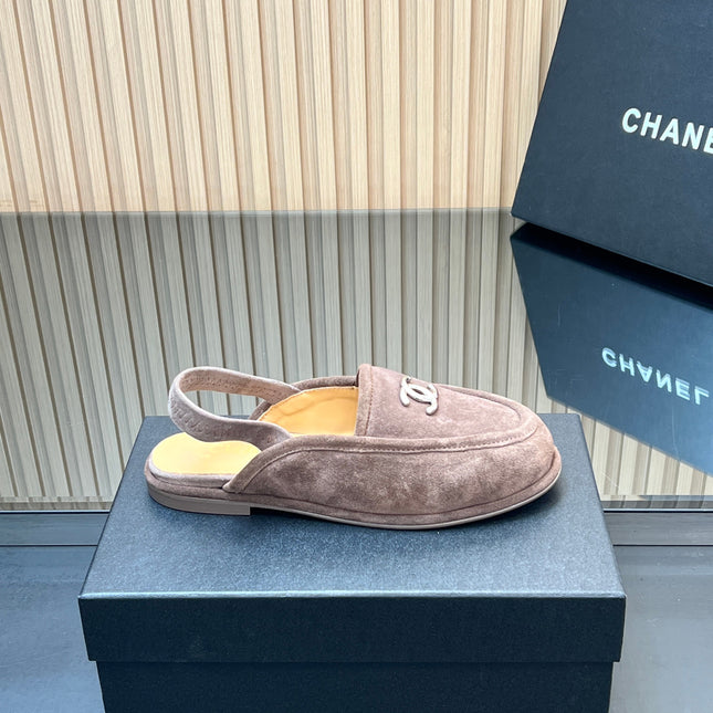 CHANEL 25S BACK STRAP MULE 15MM IN TAUPE GRAY SUEDE SILVER HARDWRE