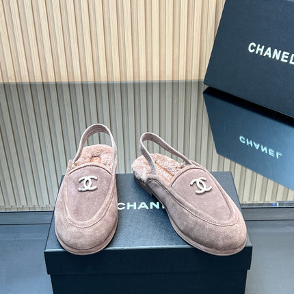 CHANEL 25S BACK STRAP MULE 15MM IN TAUPE GRAY SUEDE AND WOOL SILVER HARDWRE