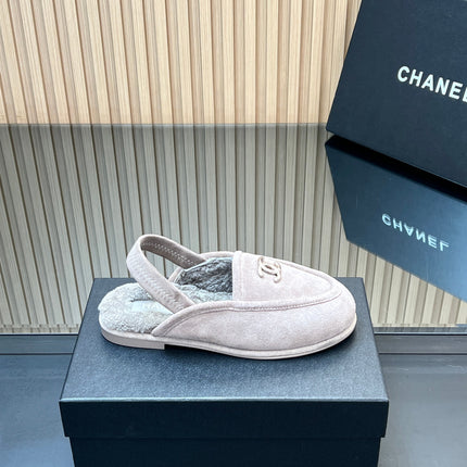 CHANEL 25S BACK STRAP MULE 15MM IN LIGHT PURPLE SUEDE AND WOOL SILVER HARDWRE