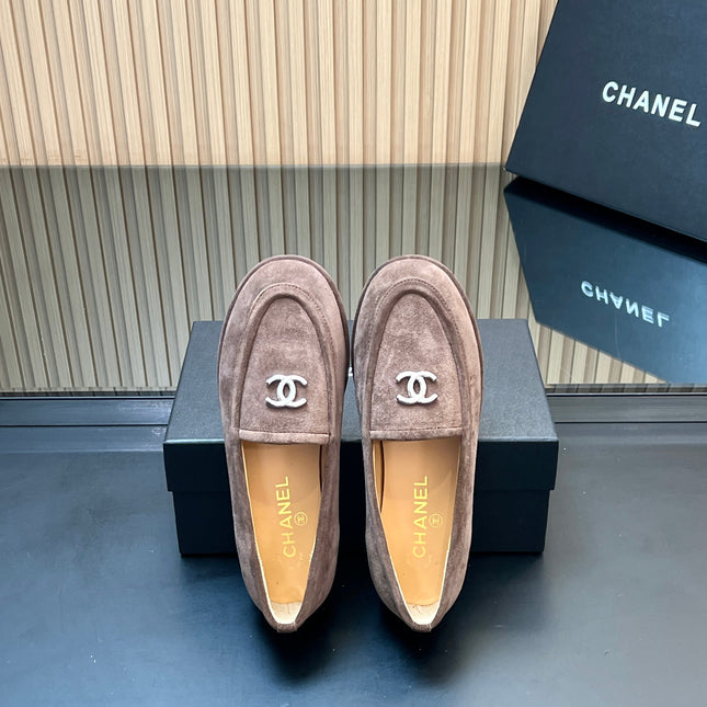 CHANEL 25S TEDDY LOAFER 15MM IN TAUPE GRAY SUEDE SILVER HARDWRE