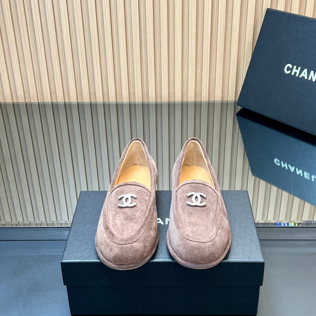 CHANEL 25S TEDDY LOAFER 15MM IN TAUPE GRAY SUEDE SILVER HARDWRE