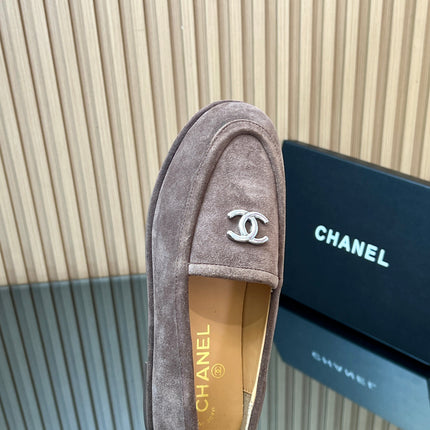CHANEL 25S TEDDY LOAFER 15MM IN TAUPE GRAY SUEDE SILVER HARDWRE