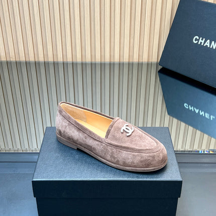 CHANEL 25S TEDDY LOAFER 15MM IN TAUPE GRAY SUEDE SILVER HARDWRE
