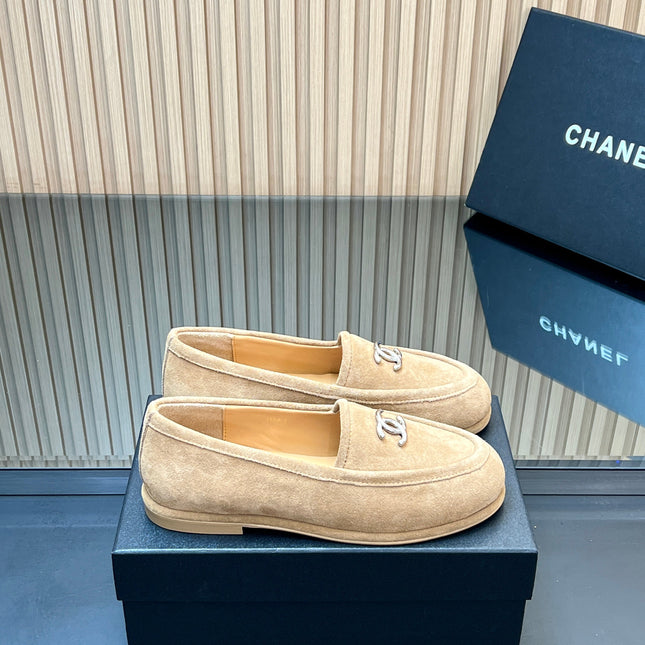 CHANEL 25S TEDDY LOAFER 15MM IN LIGHT BROWN SUEDE SILVER HARDWRE