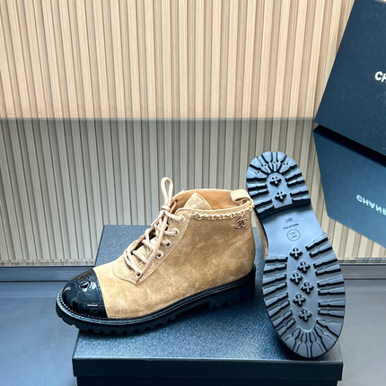 CHANEL 25S MARTIN LACE-UP BOOTS WITH CHAIN DETAIL IN LIGHT BROWN SUEDE