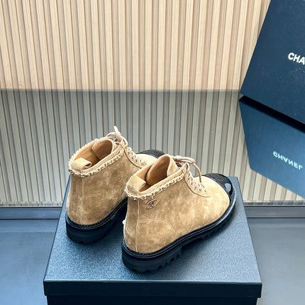 CHANEL 25S MARTIN LACE-UP BOOTS WITH CHAIN DETAIL IN LIGHT BROWN SUEDE