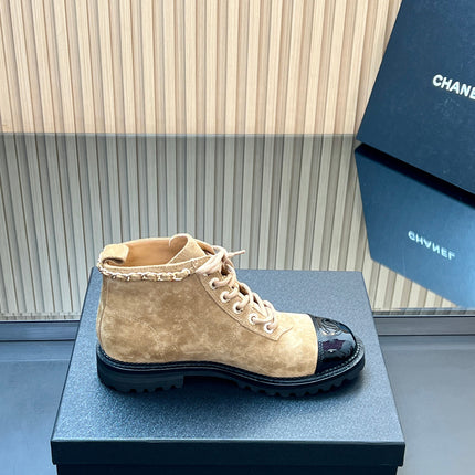 CHANEL 25S MARTIN LACE-UP BOOTS WITH CHAIN DETAIL IN LIGHT BROWN SUEDE