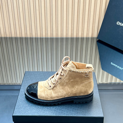 CHANEL 25S MARTIN LACE-UP BOOTS WITH CHAIN DETAIL IN LIGHT BROWN SUEDE