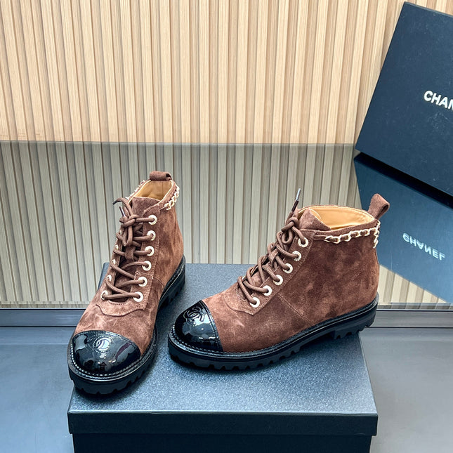CHANEL 25S MARTIN LACE-UP BOOTS WITH CHAIN DETAIL IN DARK BROWN SUEDE