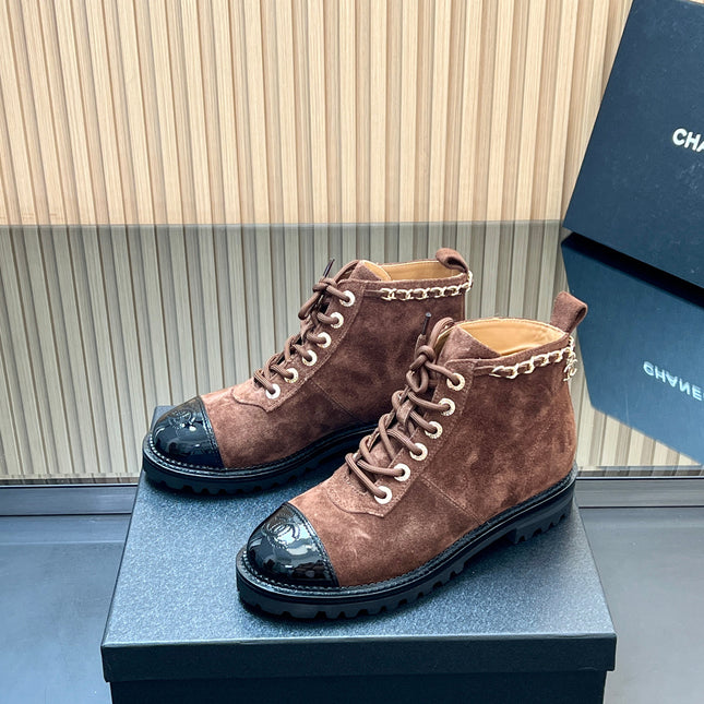 CHANEL 25S MARTIN LACE-UP BOOTS WITH CHAIN DETAIL IN DARK BROWN SUEDE
