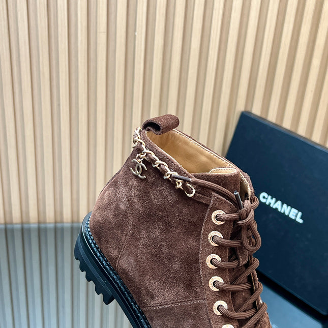 CHANEL 25S MARTIN LACE-UP BOOTS WITH CHAIN DETAIL IN DARK BROWN SUEDE
