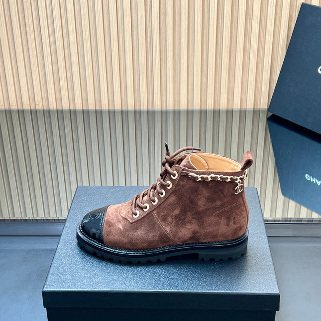 CHANEL 25S MARTIN LACE-UP BOOTS WITH CHAIN DETAIL IN DARK BROWN SUEDE