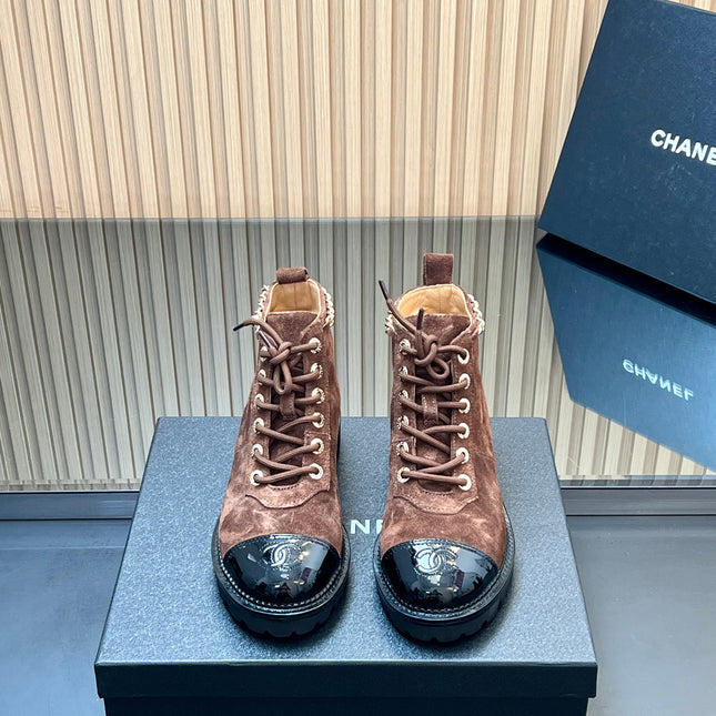 CHANEL 25S MARTIN LACE-UP BOOTS WITH CHAIN DETAIL IN DARK BROWN SUEDE