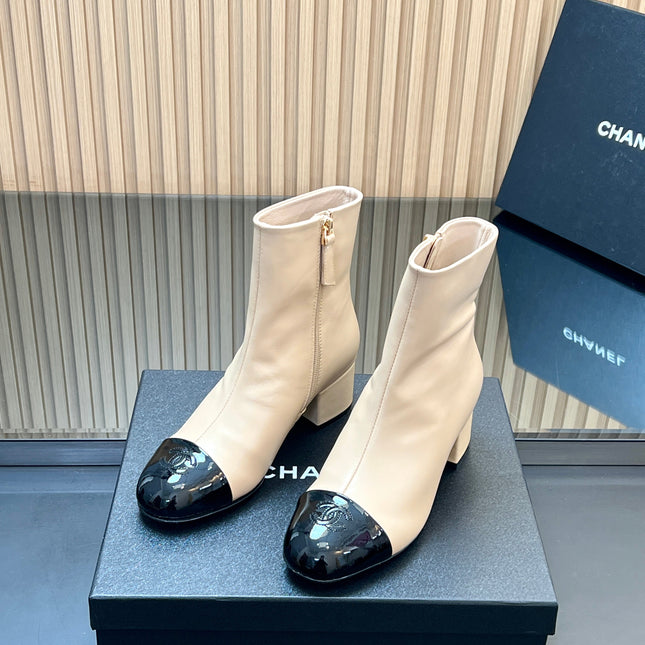 CHANEL 25S BOOTS WITH PATENT TOE CAP 50MM IN BEIGE AND BLACK CALFSKIN