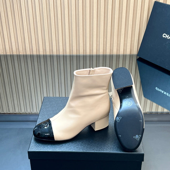 CHANEL 25S BOOTS WITH PATENT TOE CAP 50MM IN BEIGE AND BLACK CALFSKIN
