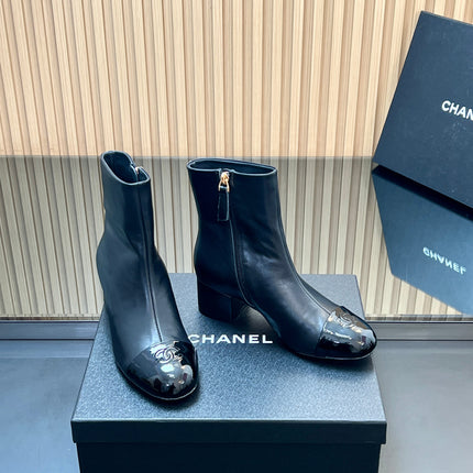CHANEL 25S BOOTS WITH PATENT TOE CAP 50MM IN BLACK CALFSKIN