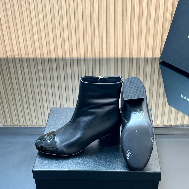 CHANEL 25S BOOTS WITH PATENT TOE CAP 50MM IN BLACK CALFSKIN
