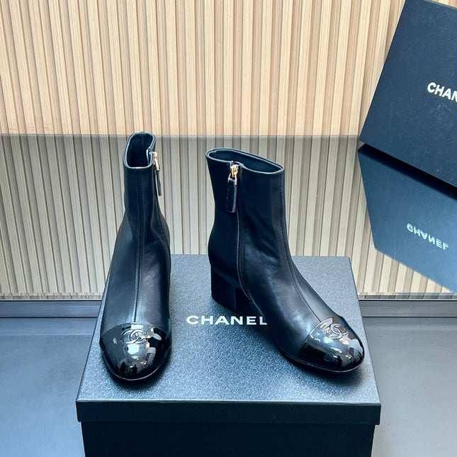 CHANEL 25S BOOTS WITH PATENT TOE CAP 50MM IN BLACK CALFSKIN