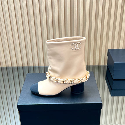 CHANEL 25S LOW BOOTS 65MM IN BEIGE CALFSKIN GOLD HARDWRE