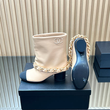 CHANEL 25S LOW BOOTS 65MM IN BEIGE CALFSKIN GOLD HARDWRE