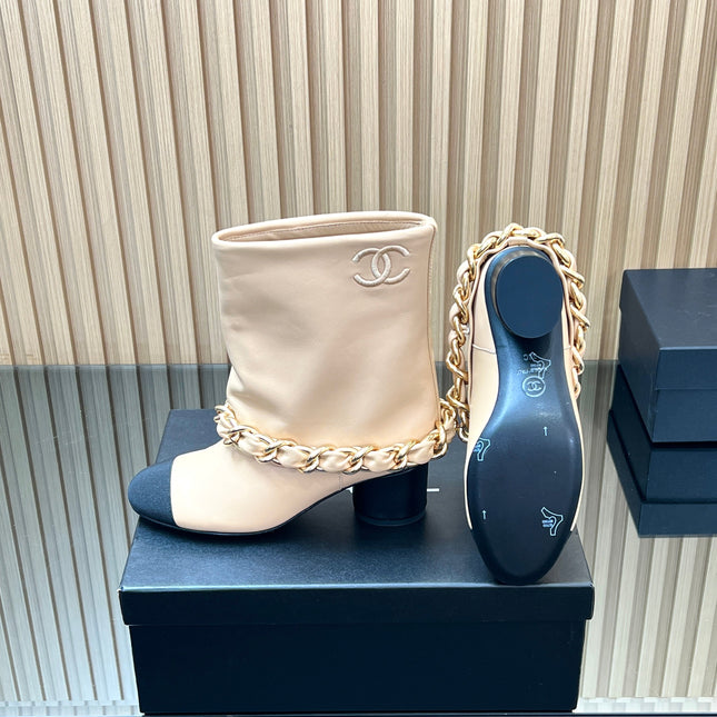 CHANEL 25S LOW BOOTS 65MM IN BEIGE CALFSKIN GOLD HARDWRE