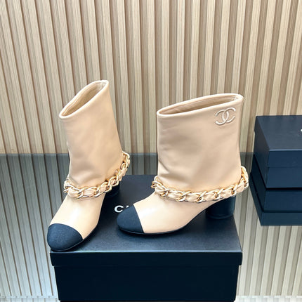 CHANEL 25S LOW BOOTS 65MM IN BEIGE CALFSKIN GOLD HARDWRE