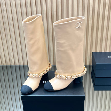 CHANEL 25S HIGH BOOTS 65MM IN BEIGE CALFSKIN GOLD HARDWRE