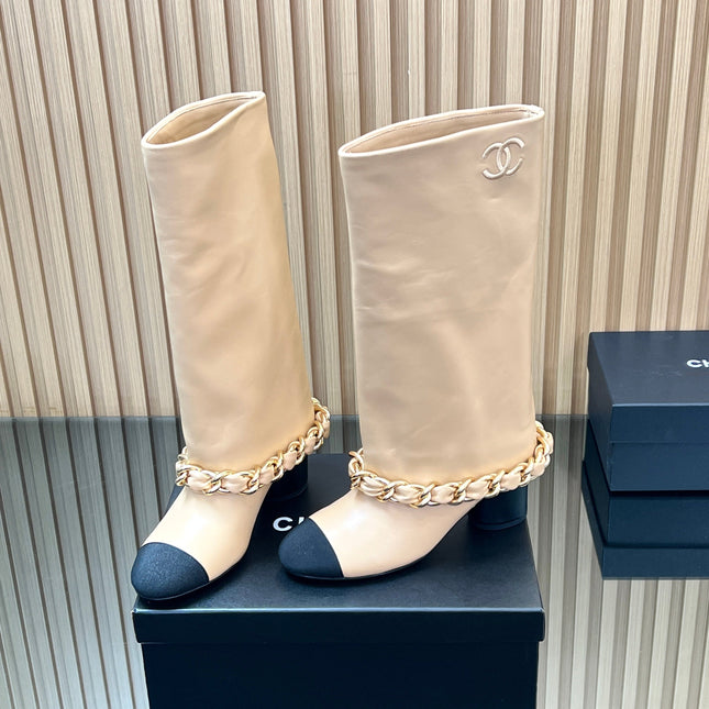 CHANEL 25S HIGH BOOTS 65MM IN BEIGE CALFSKIN GOLD HARDWRE