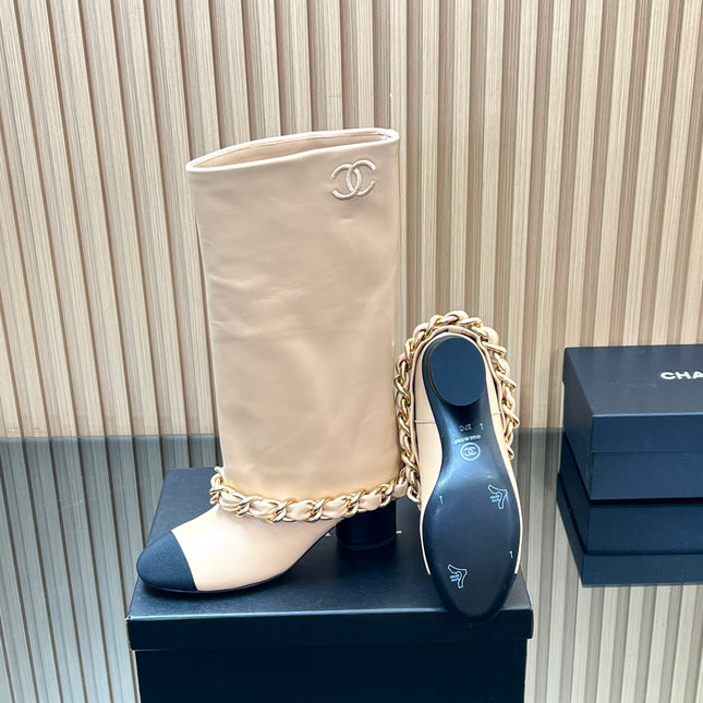 CHANEL 25S HIGH BOOTS 65MM IN BEIGE CALFSKIN GOLD HARDWRE