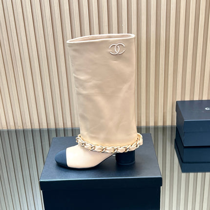 CHANEL 25S HIGH BOOTS 65MM IN BEIGE CALFSKIN GOLD HARDWRE