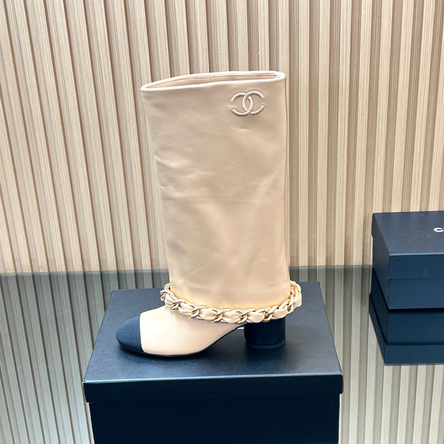 CHANEL 25S HIGH BOOTS 65MM IN BEIGE CALFSKIN GOLD HARDWRE