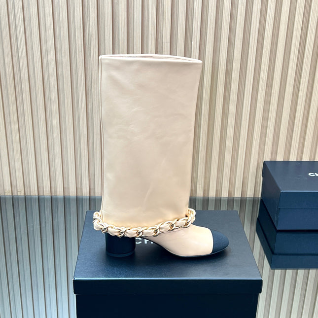 CHANEL 25S HIGH BOOTS 65MM IN BEIGE CALFSKIN GOLD HARDWRE