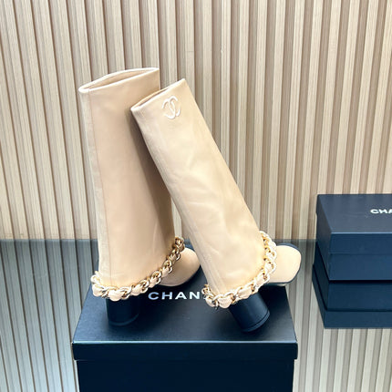 CHANEL 25S HIGH BOOTS 65MM IN BEIGE CALFSKIN GOLD HARDWRE