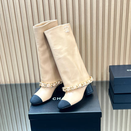CHANEL 25S HIGH BOOTS 65MM IN BEIGE CALFSKIN GOLD HARDWRE
